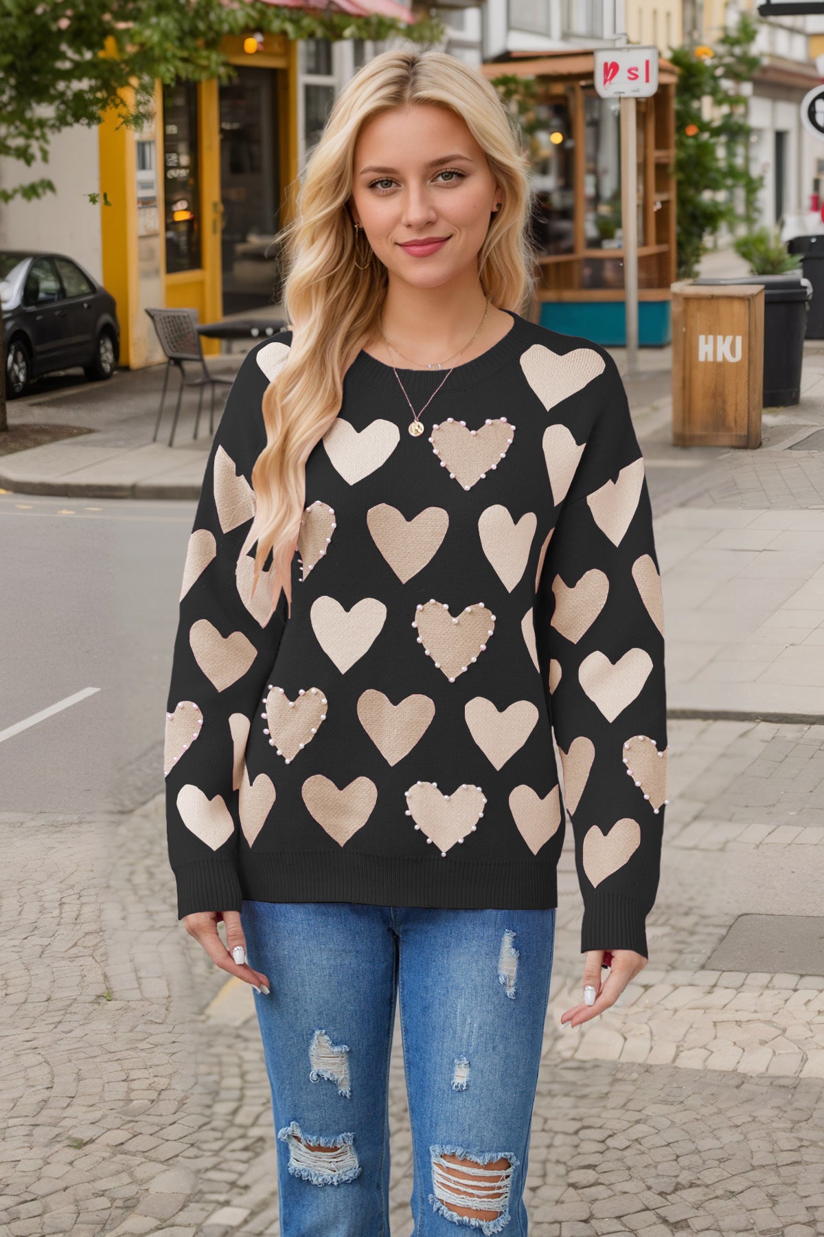 Wholesale Valentine's Day Round Neck Handmade Beaded Peach Heart Pullover Sweater